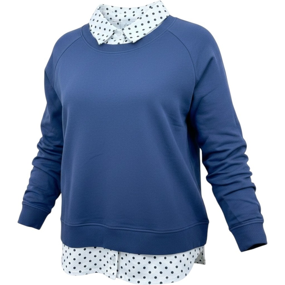 Denim & Co Sweatshirt Wms L Blue Polka Dot Layered Look Preppy Classic